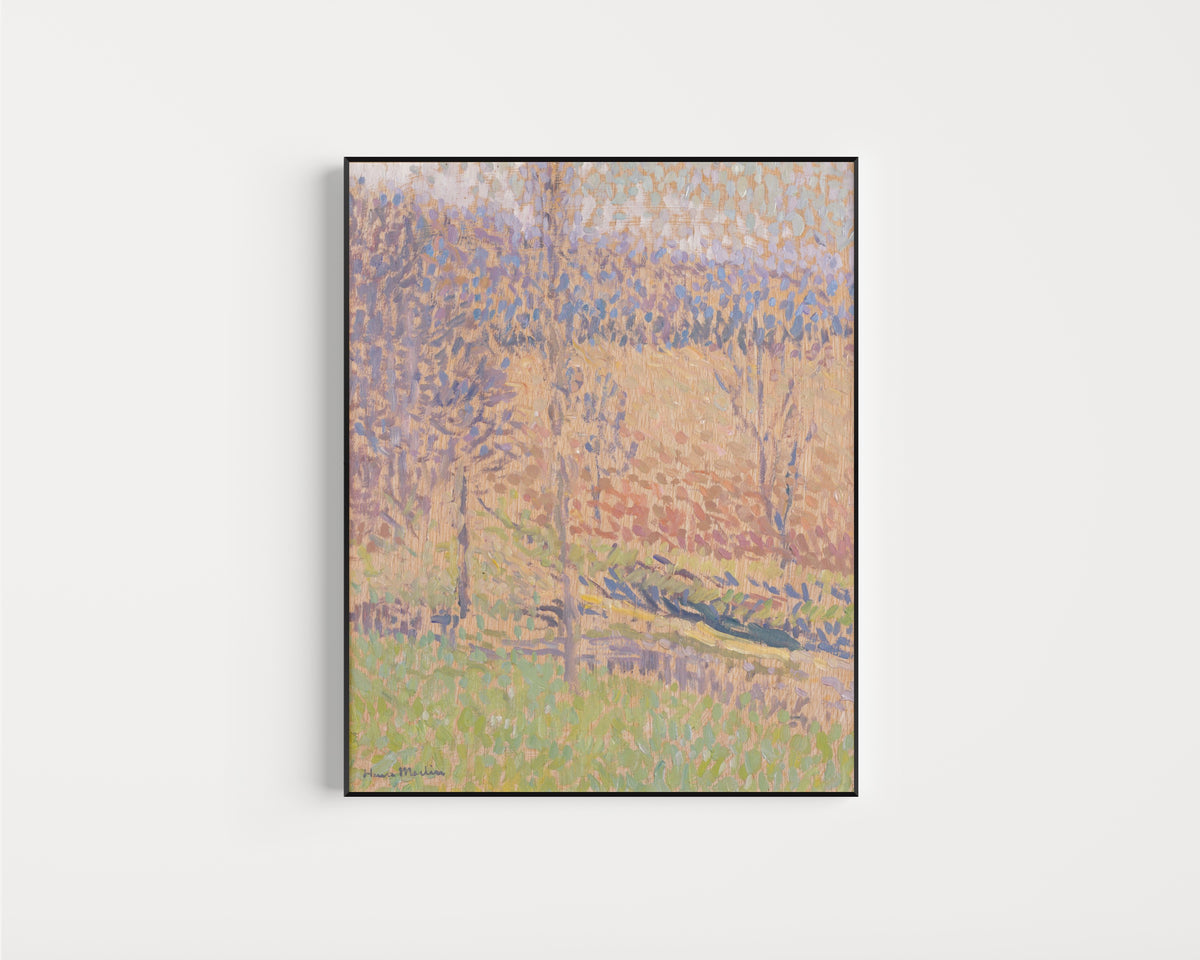 Framed art print of Dans le Brouillard by Henri Martin, in a slim black frame on a plain white wall