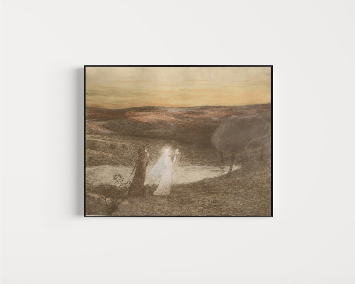 Framed art print of Dante rencontre Béatrix by Henri Martin, in a slim black frame on a plain white wall