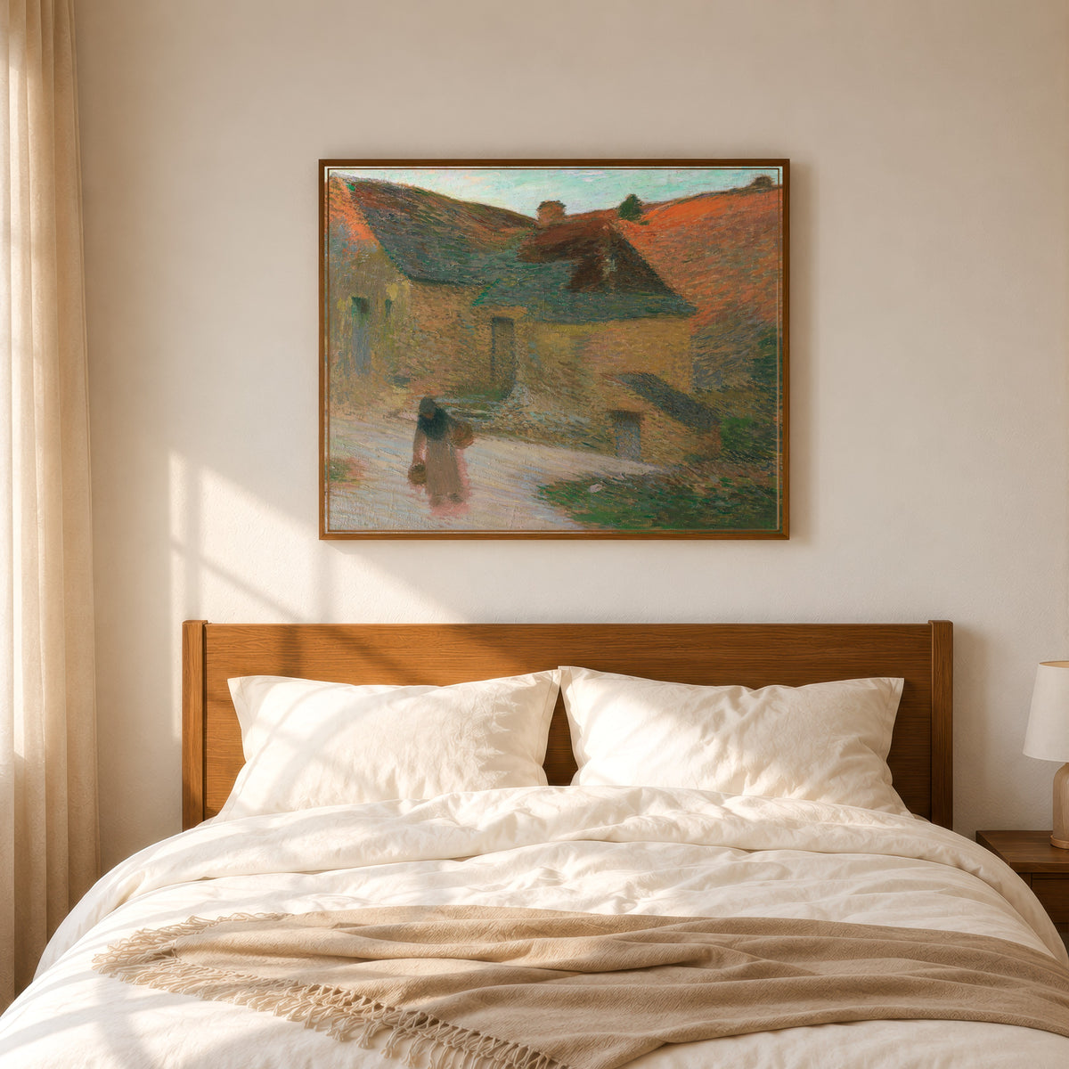 Framed art print of Derniers rayons, une ferme dans le Lot by Henri Martin, in a slim wood frame above a bed in a sunlit bedroom