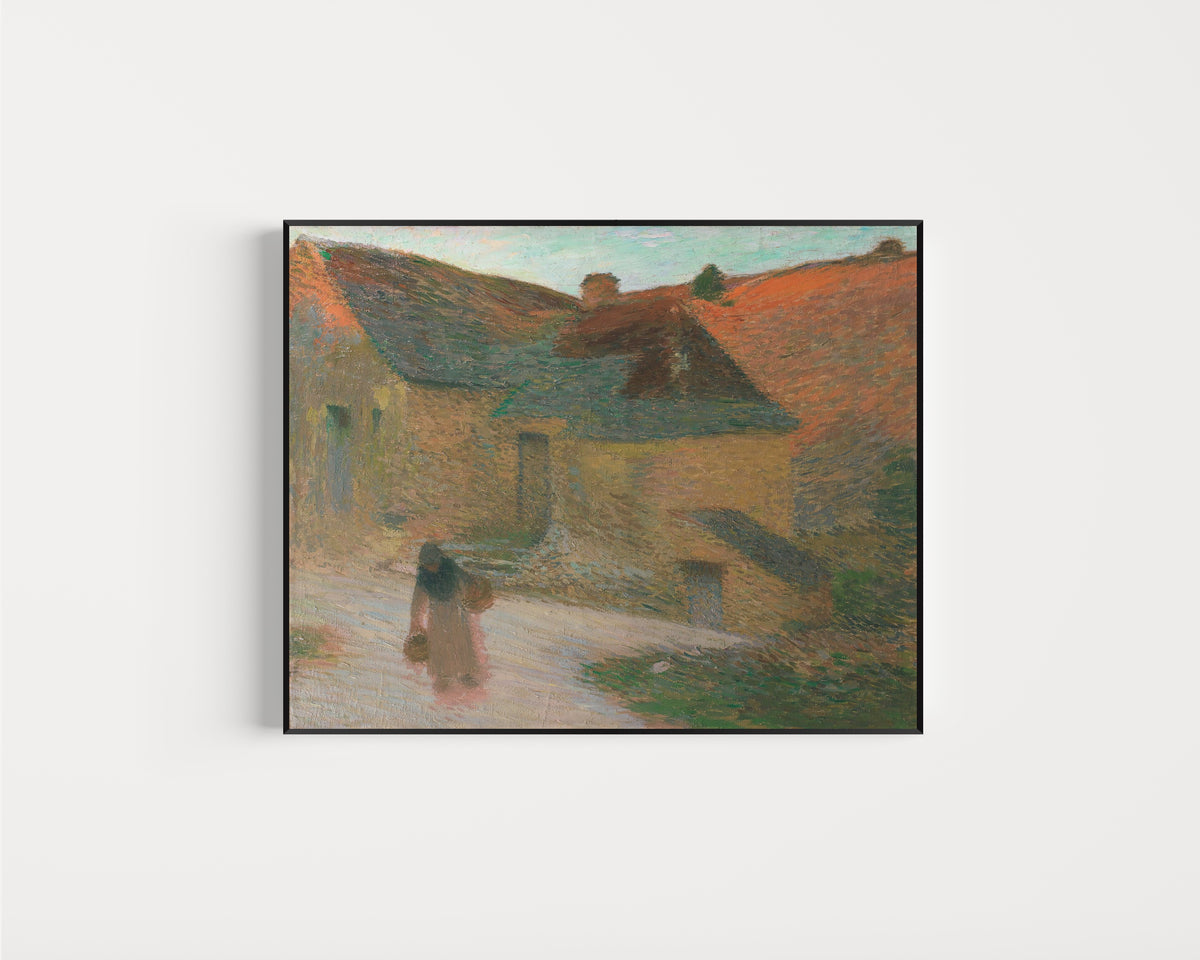 Framed art print of Derniers rayons, une ferme dans le Lot by Henri Martin, in a slim black frame on a plain white wall