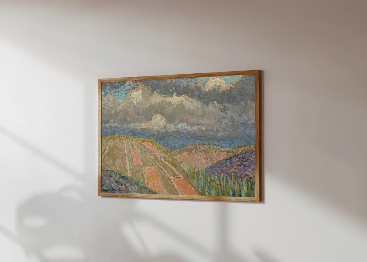 Framed art print of Étude de Causse du Lot by Henri Martin, in a light wood frame on a sunlit white wall, seen at a slight angle