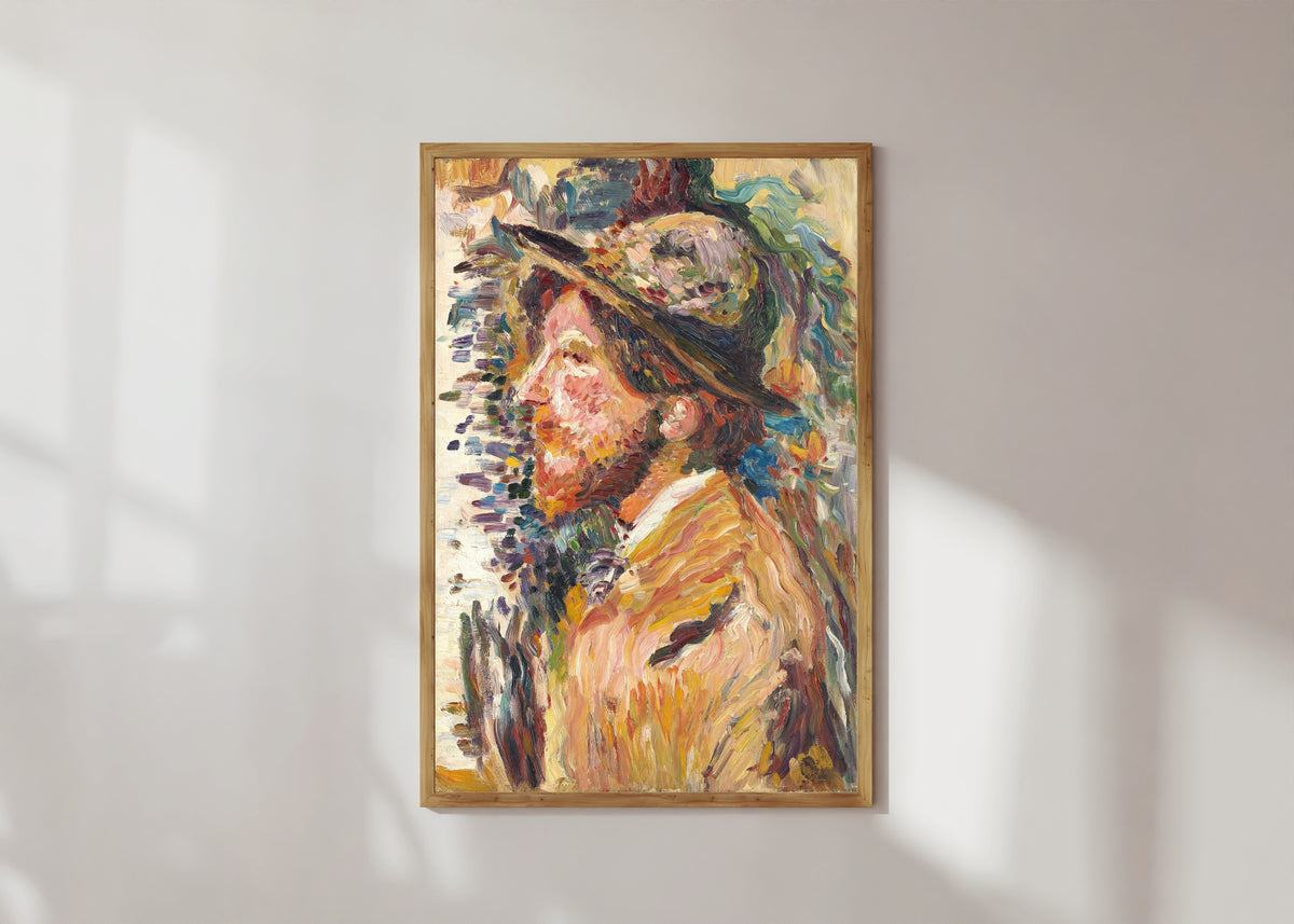 Framed art print of Homme en buste de profil by Henri Martin, in a light wood frame on a sunlit white wall