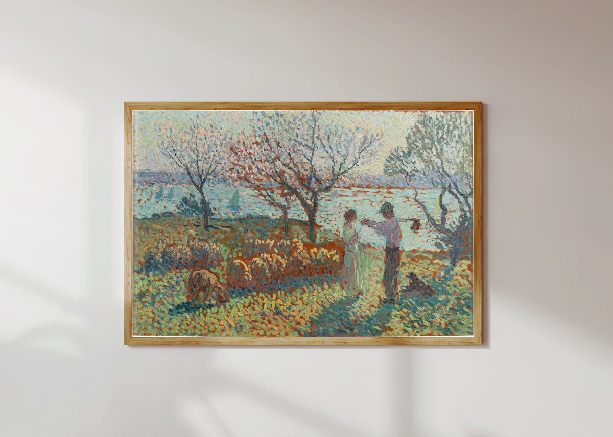 Framed art print of La Bergère et le paysan, rencontre vespérale by Henri Martin, in a light wood frame on a sunlit white wall