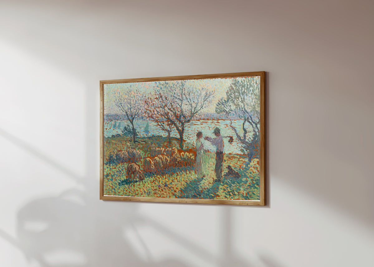 Framed art print of La Bergère et le paysan, rencontre vespérale by Henri Martin, in a light wood frame on a sunlit white wall, seen at a slight angle