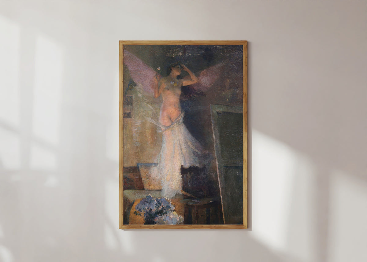 Framed art print of La Muse du peintre by Henri Martin, in a light wood frame on a sunlit white wall