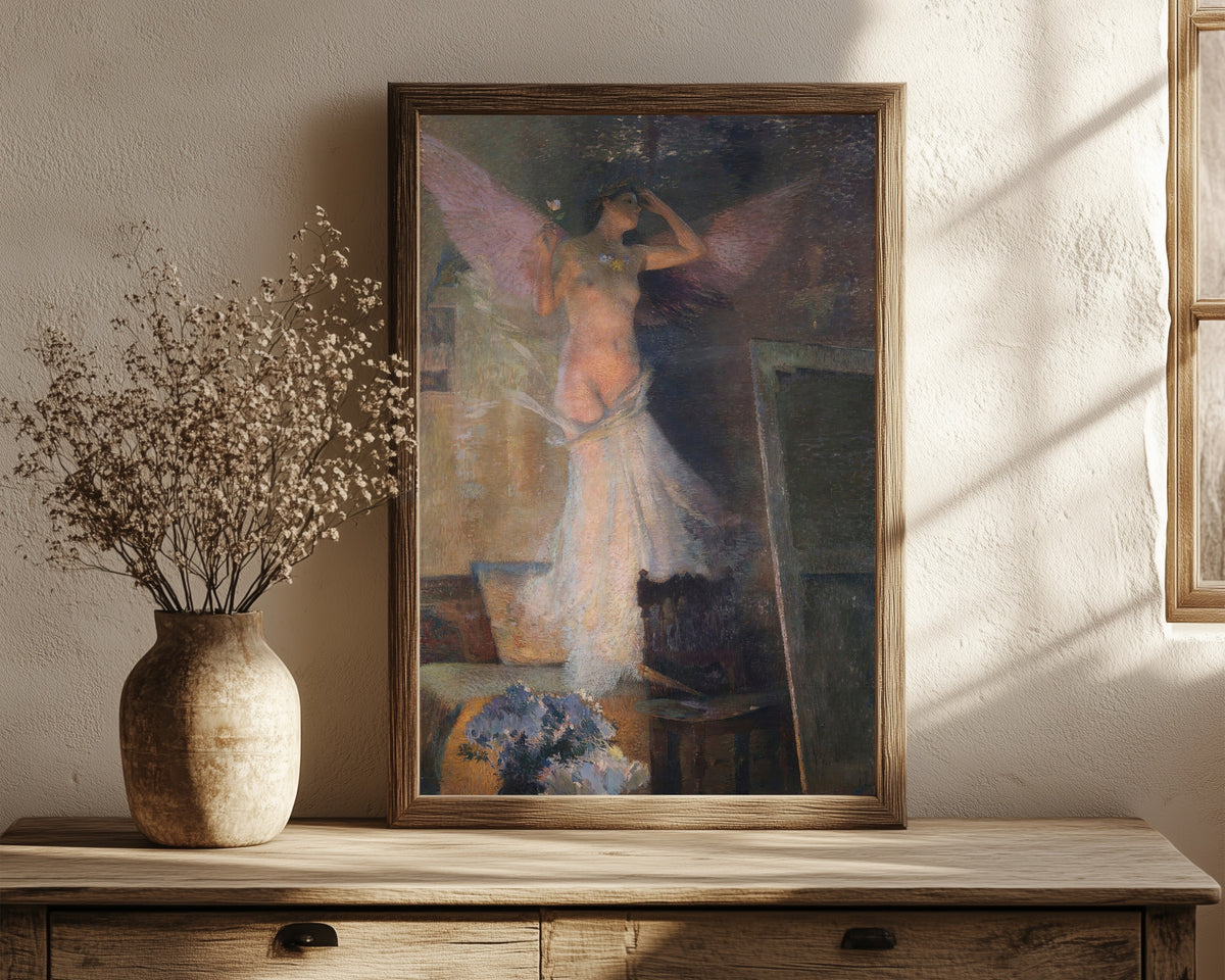 Framed art print of La Muse du peintre by Henri Martin, in a dark wood frame leaning on a rustic console beside dried flowers
