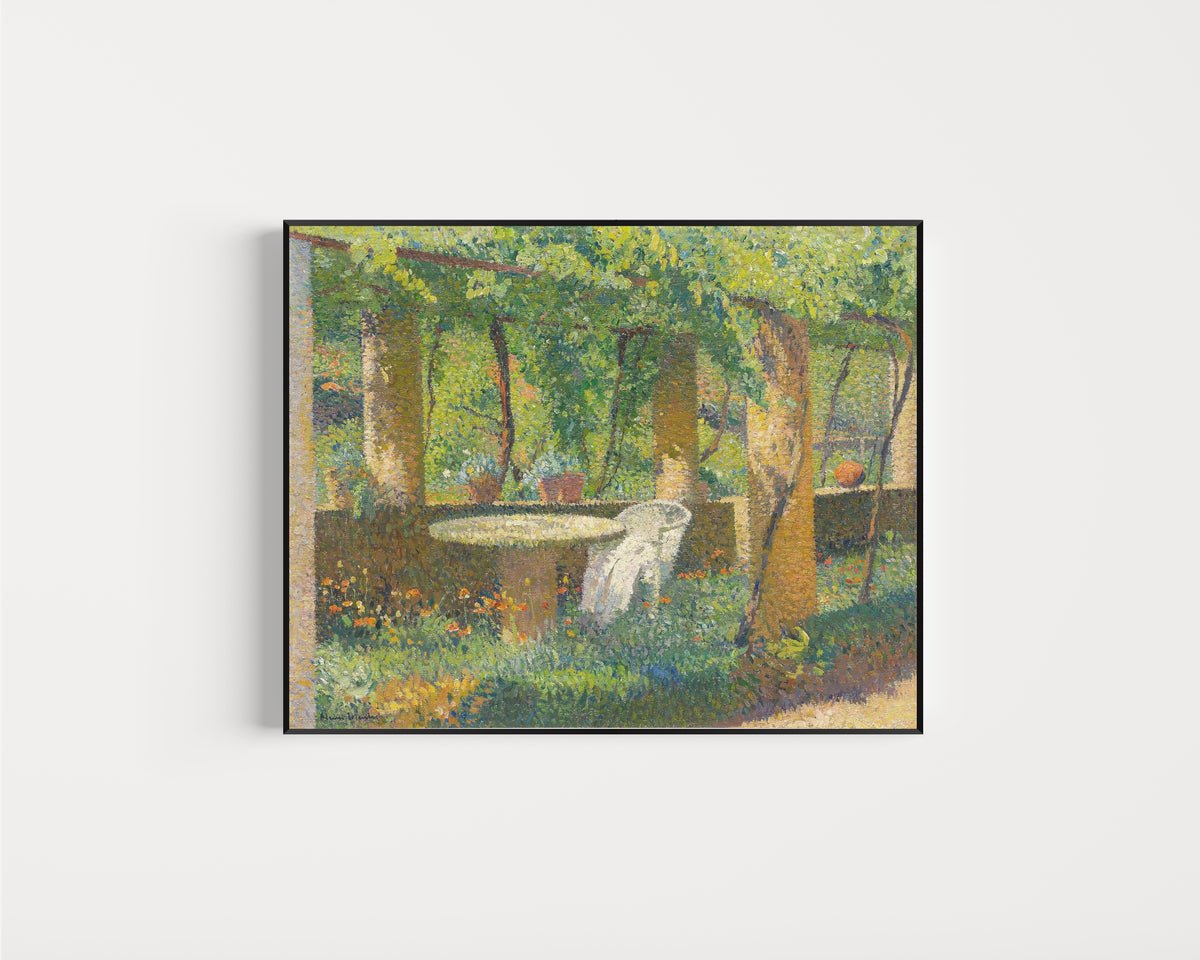 Framed art print of La Tonnelle de Marquayrol by Henri Martin, in a slim black frame on a plain white wall