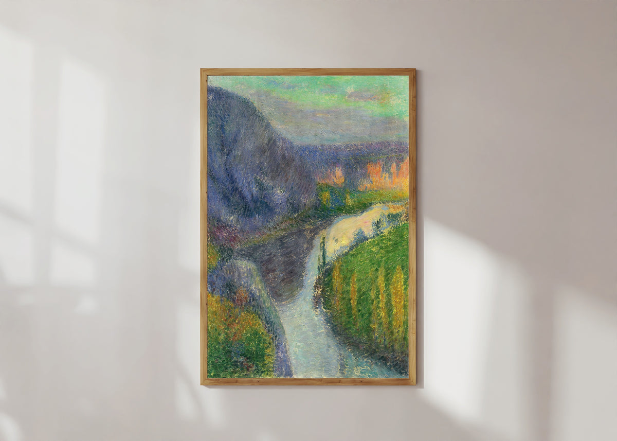 Framed art print of La vallée du Lot, près de Saint-Cirq Lapopie by Henri Martin, in a light wood frame on a sunlit white wall