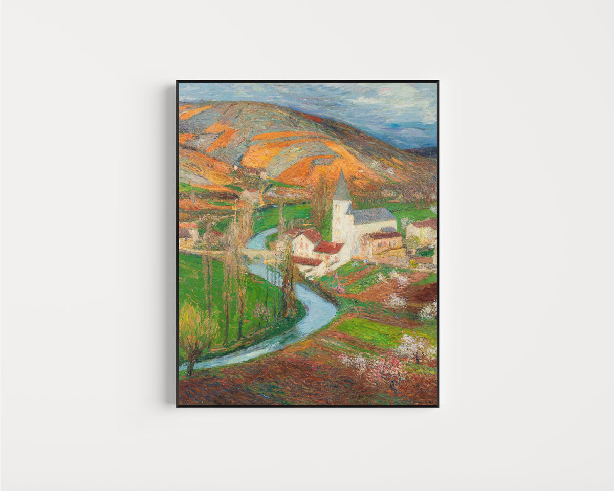 Framed art print of Labastide-du-Vert au printemps depuis le jardin de Marquayrol by Henri Martin, in a slim black frame on a plain white wall
