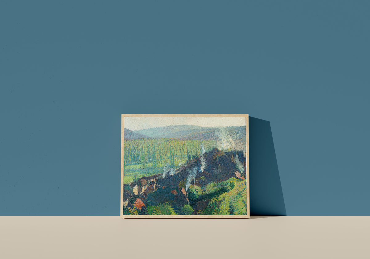 Framed art print of Labastide-du-Vert vue depuis Marquayrol, fumées by Henri Martin, in a light wood frame leaning on a blue wall