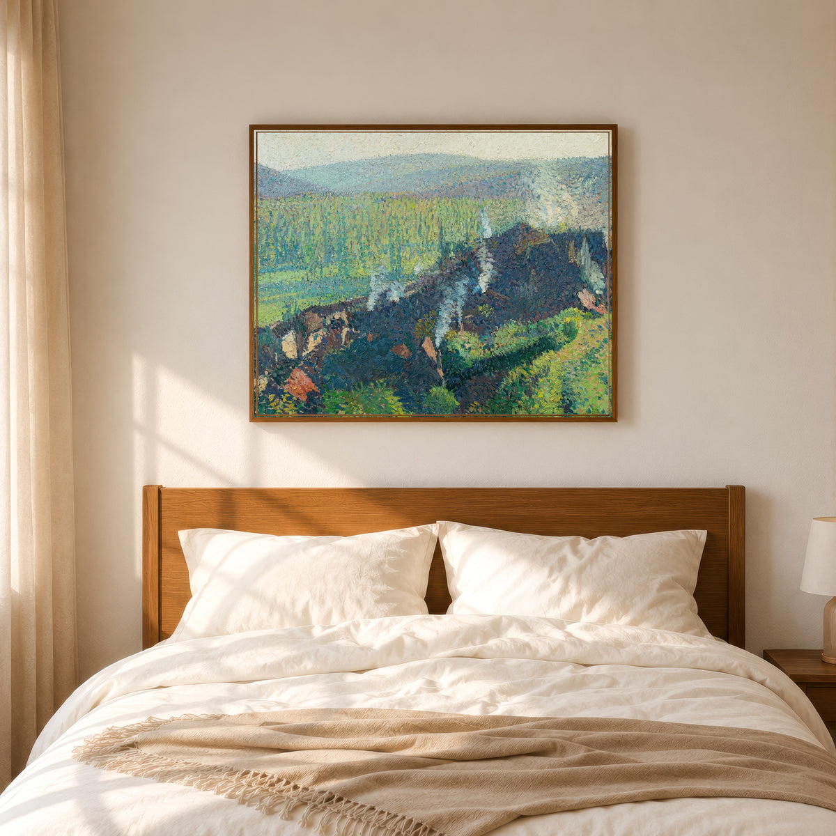 Framed art print of Labastide-du-Vert vue depuis Marquayrol, fumées by Henri Martin, in a slim wood frame above a bed in a sunlit bedroom