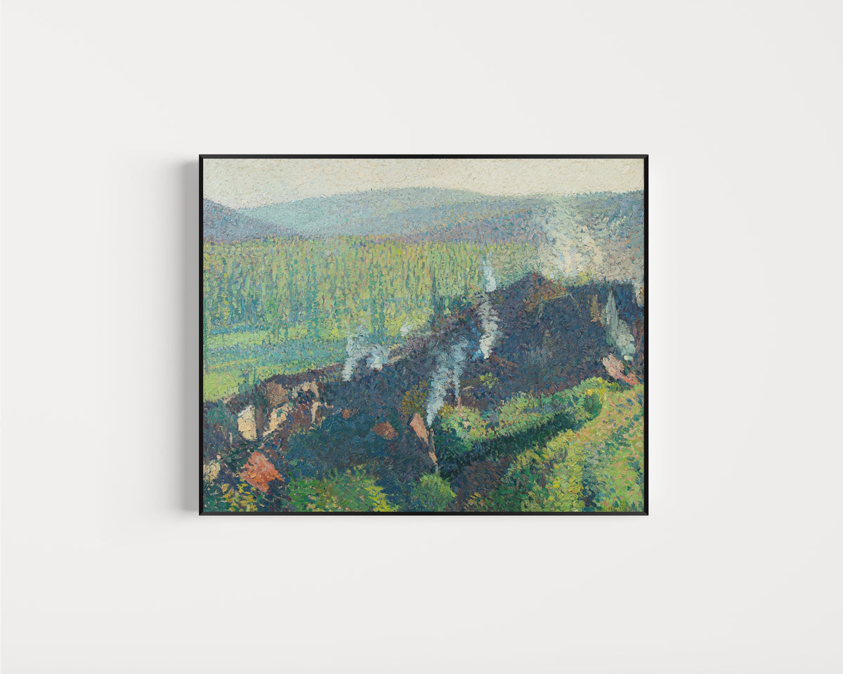 Framed art print of Labastide-du-Vert vue depuis Marquayrol, fumées by Henri Martin, in a slim black frame on a plain white wall
