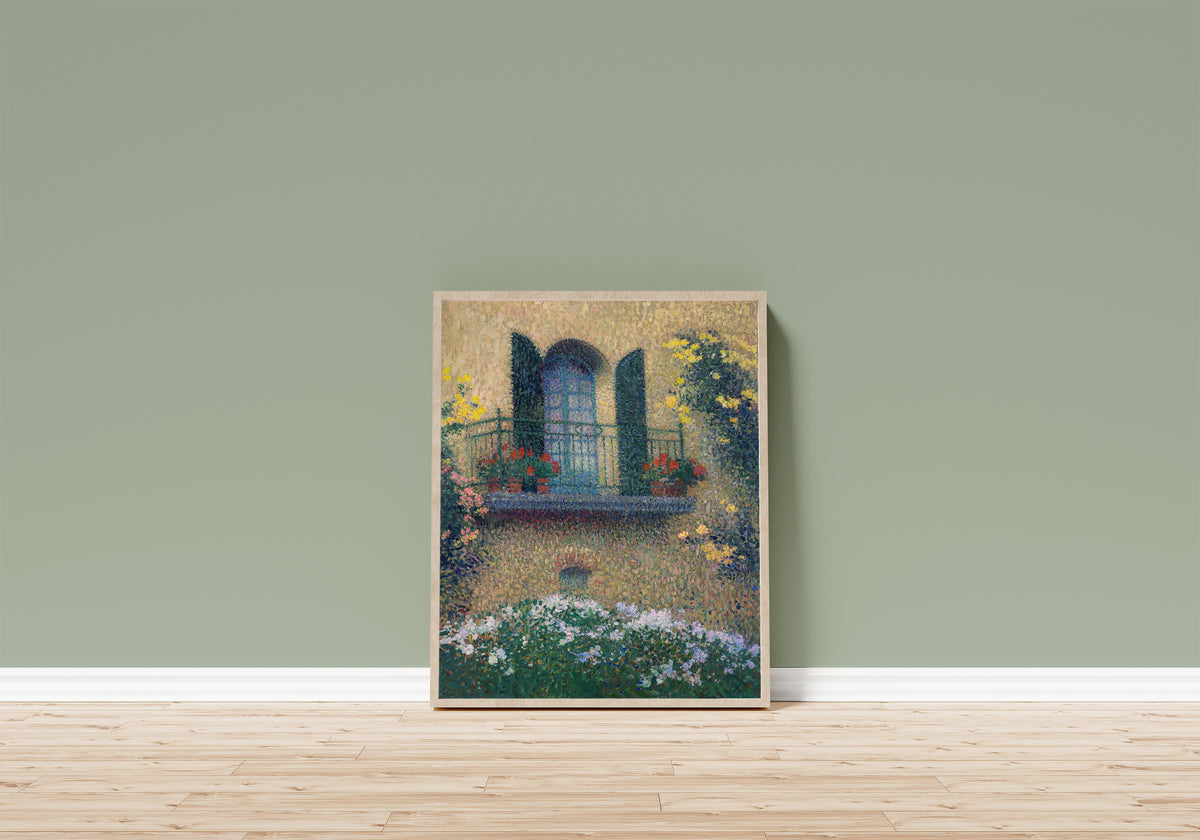 Framed art print of Le balcon de Jaurès by Henri Martin, in a light wood frame leaning on a sage green wall above a wooden floor