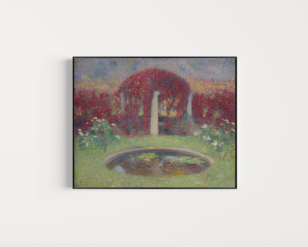 Framed art print of Le Bassin et la tonnelle by Henri Martin, in a slim black frame on a plain white wall
