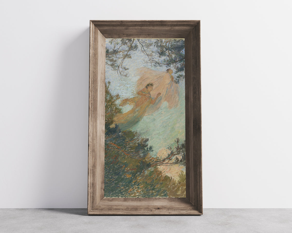Framed art print of Les Muses by Henri Martin, in a wide wooden frame leaning against a concrete wall
