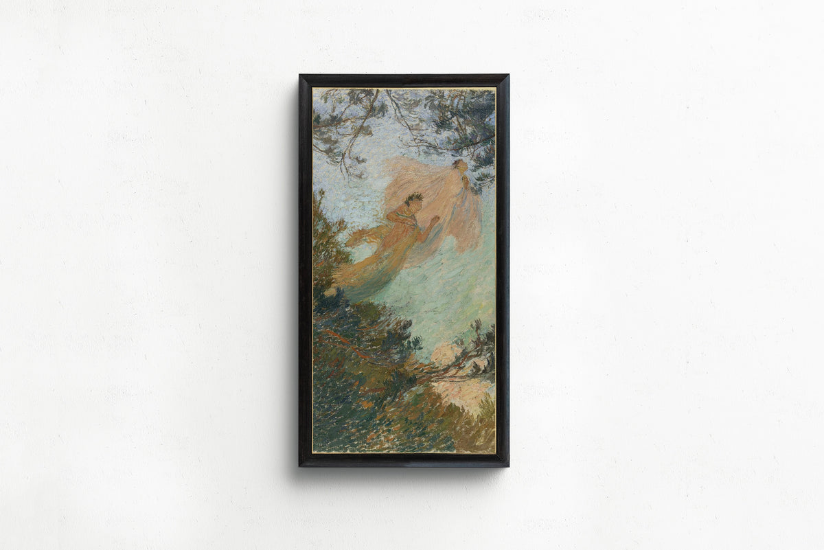 Framed art print of Les Muses by Henri Martin, in a slim black frame on a plain white wall