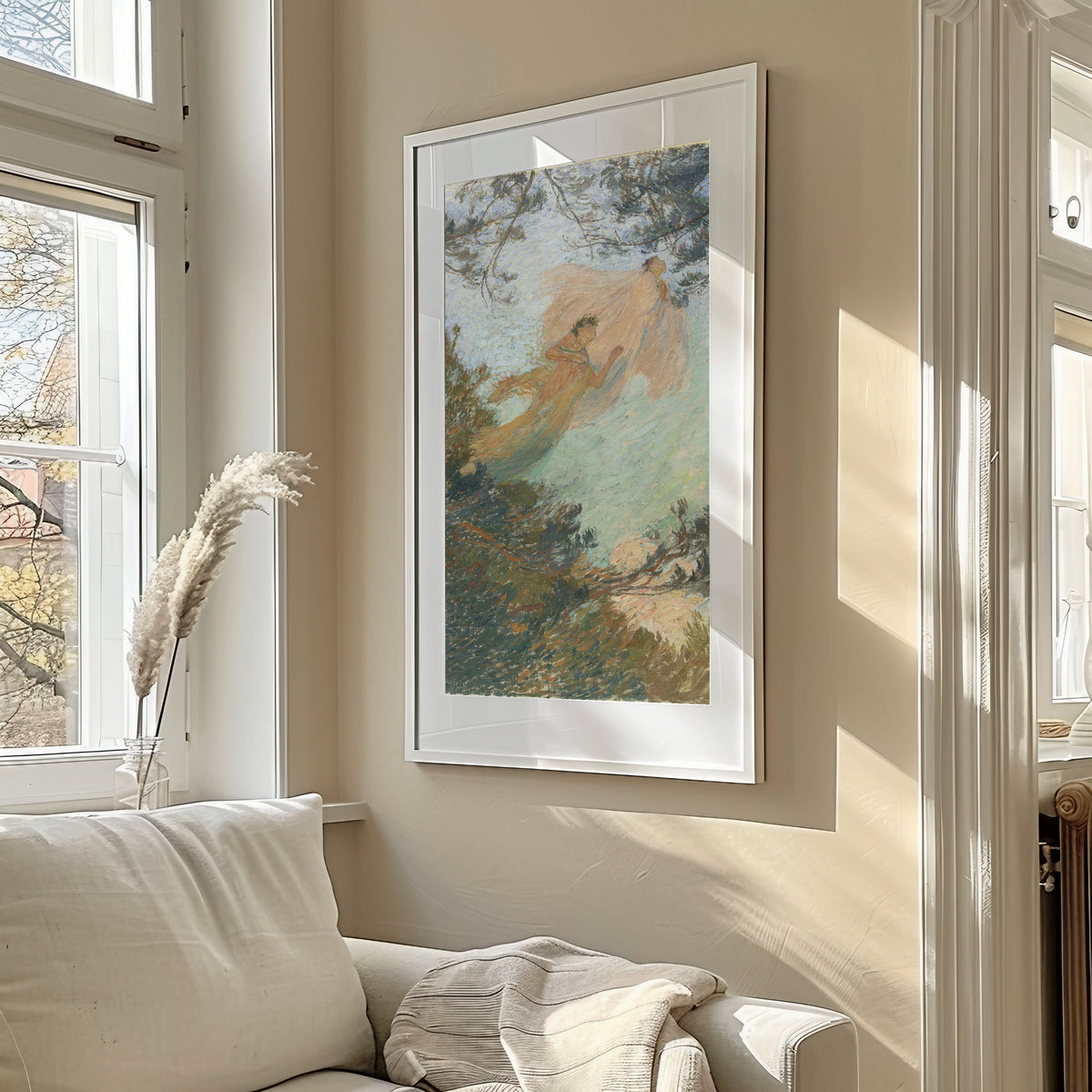 Framed art print of Les Muses by Henri Martin, in a sunlit living room above a sofa
