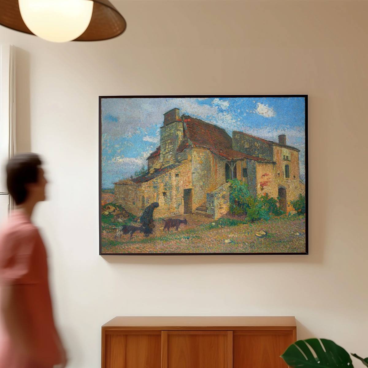 Framed art print of Paysage de campagne by Henri Martin, in a slim black frame on a warm wall in a sunlit room