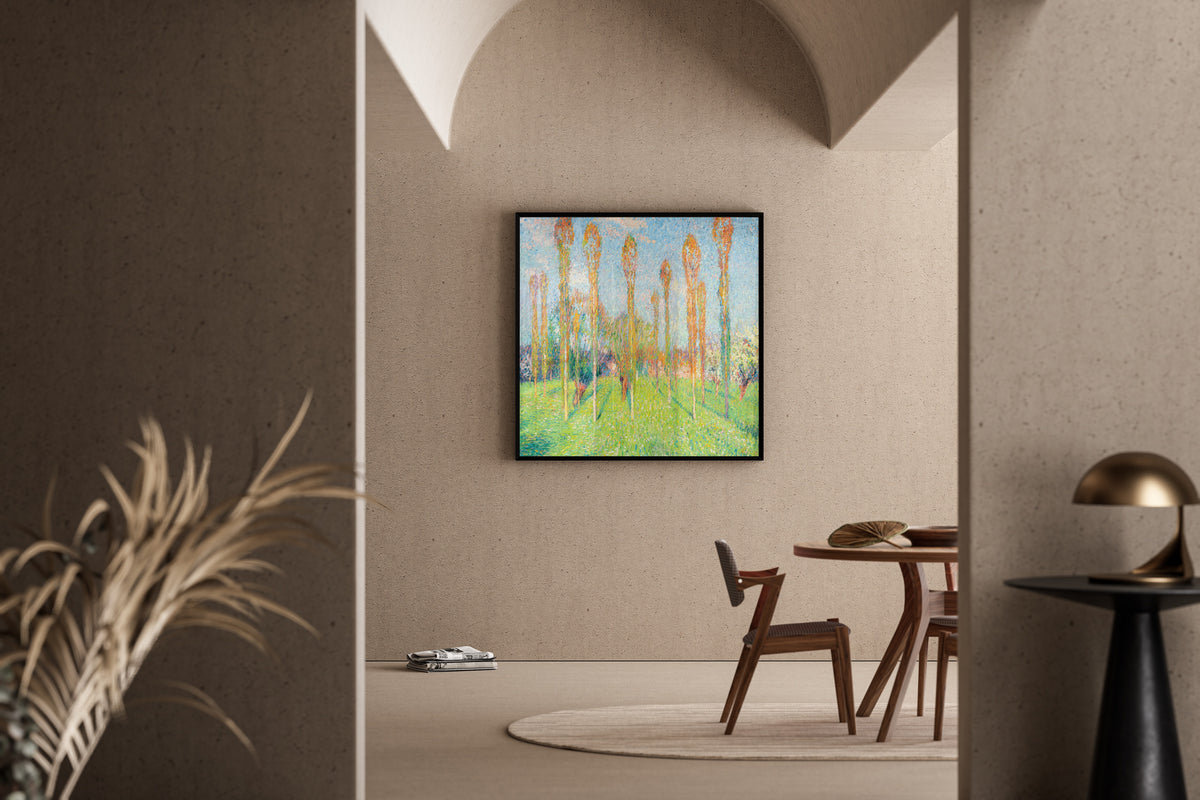 Framed art print of Prairie ensoleillée aux peupliers by Henri Martin, in a sunlit dining corner