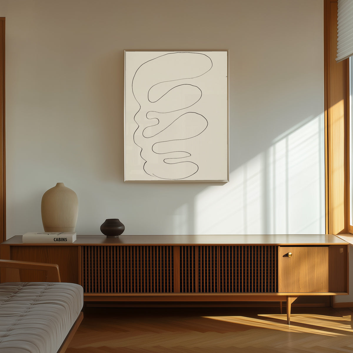 Framed art print of Arabesque by Henri Matisse, in a thin light frame on a sunlit wall above a wooden sideboard