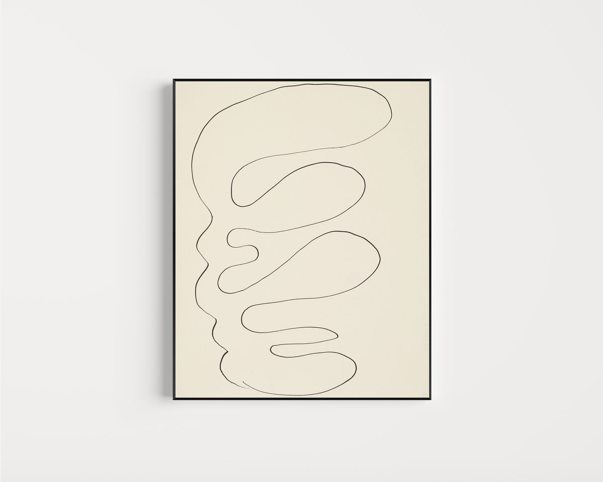 Framed art print of Arabesque by Henri Matisse, in a slim black frame on a plain white wall