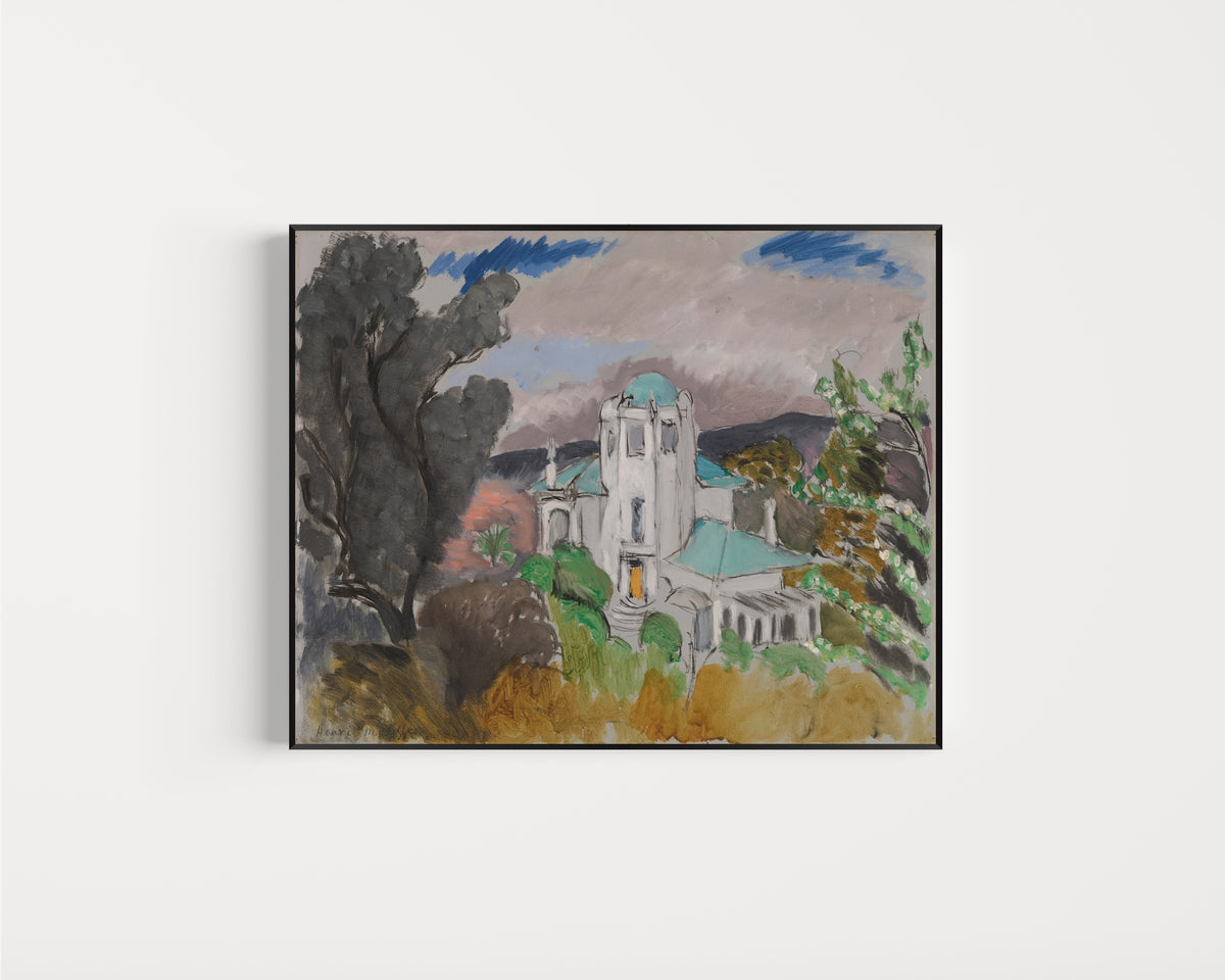 Framed art print of Blue Villa by Henri Matisse, in a slim black frame on a plain white wall
