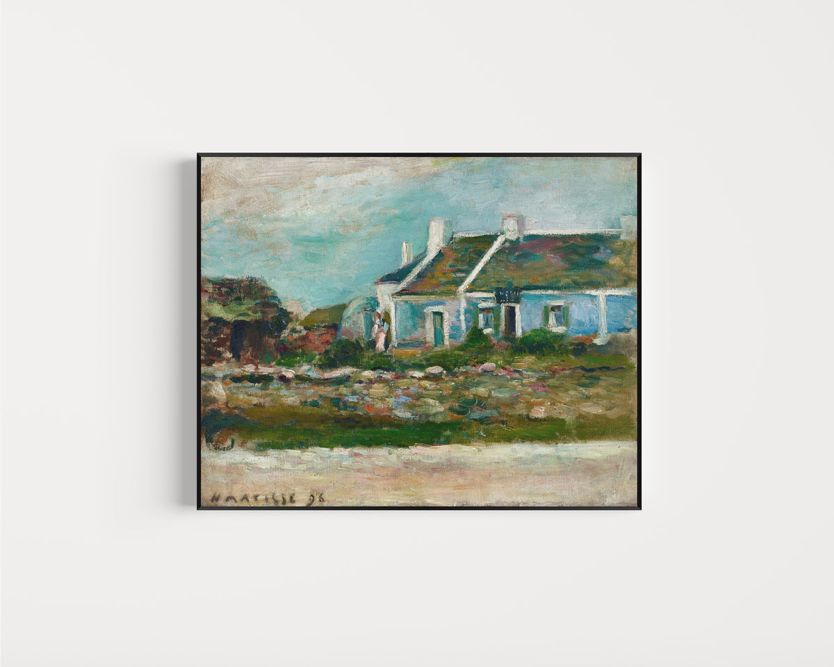 Framed art print of Entrance to a Breton Tavern by Henri Matisse, in a slim black frame on a plain white wall