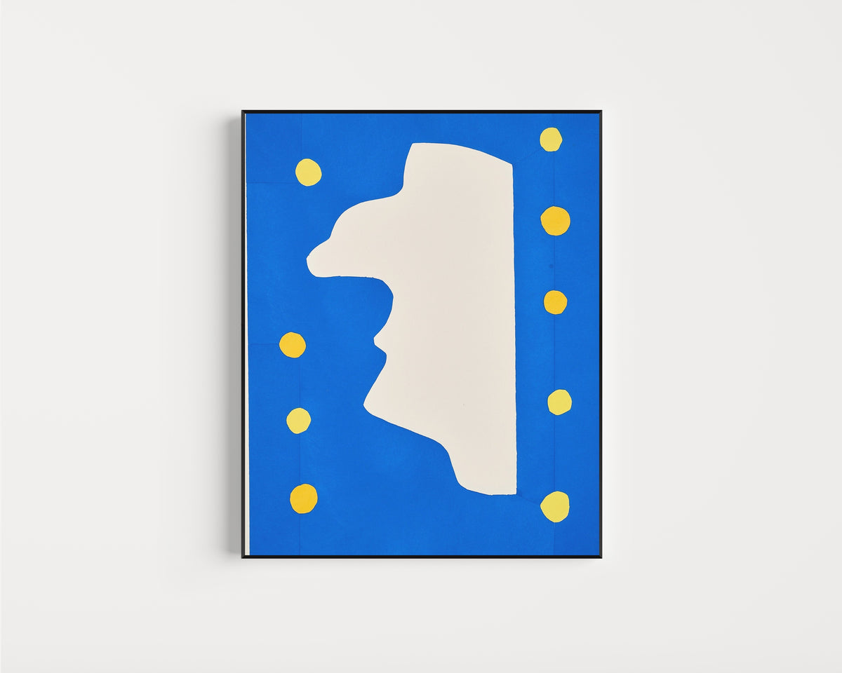 Framed art print of Monsieur Loyal by Henri Matisse, in a slim black frame on a plain white wall