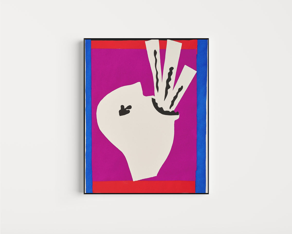 Framed art print of The Sword Swallower by Henri Matisse, in a slim black frame on a plain white wall