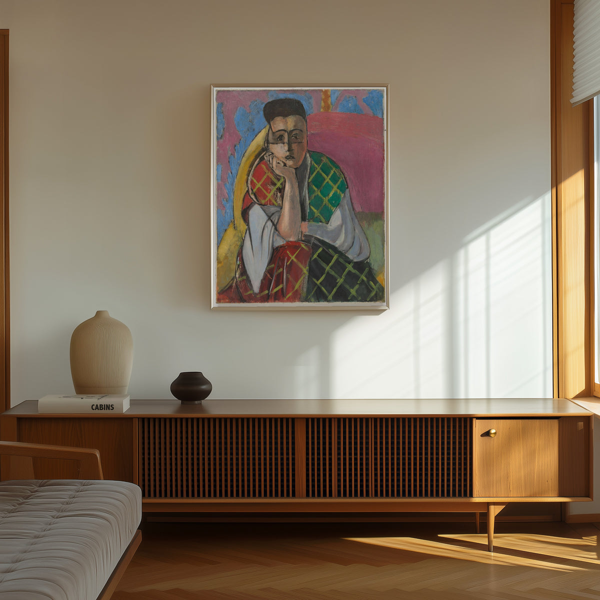 Framed art print of Woman with a Veil by Henri Matisse, in a thin light frame on a sunlit wall above a wooden sideboard