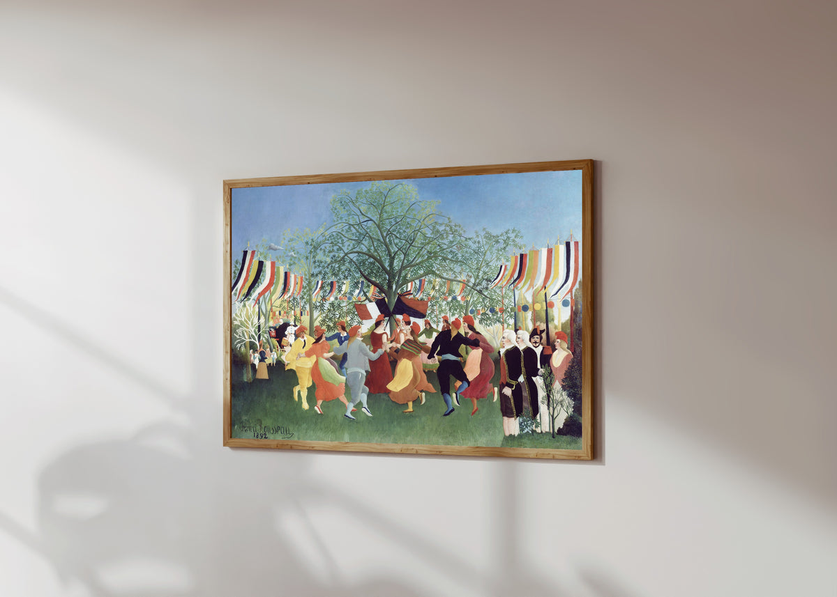 Framed art print of A Centennial of Independence by Henri Rousseau, in a light wood frame on a sunlit white wall, seen at a slight angle