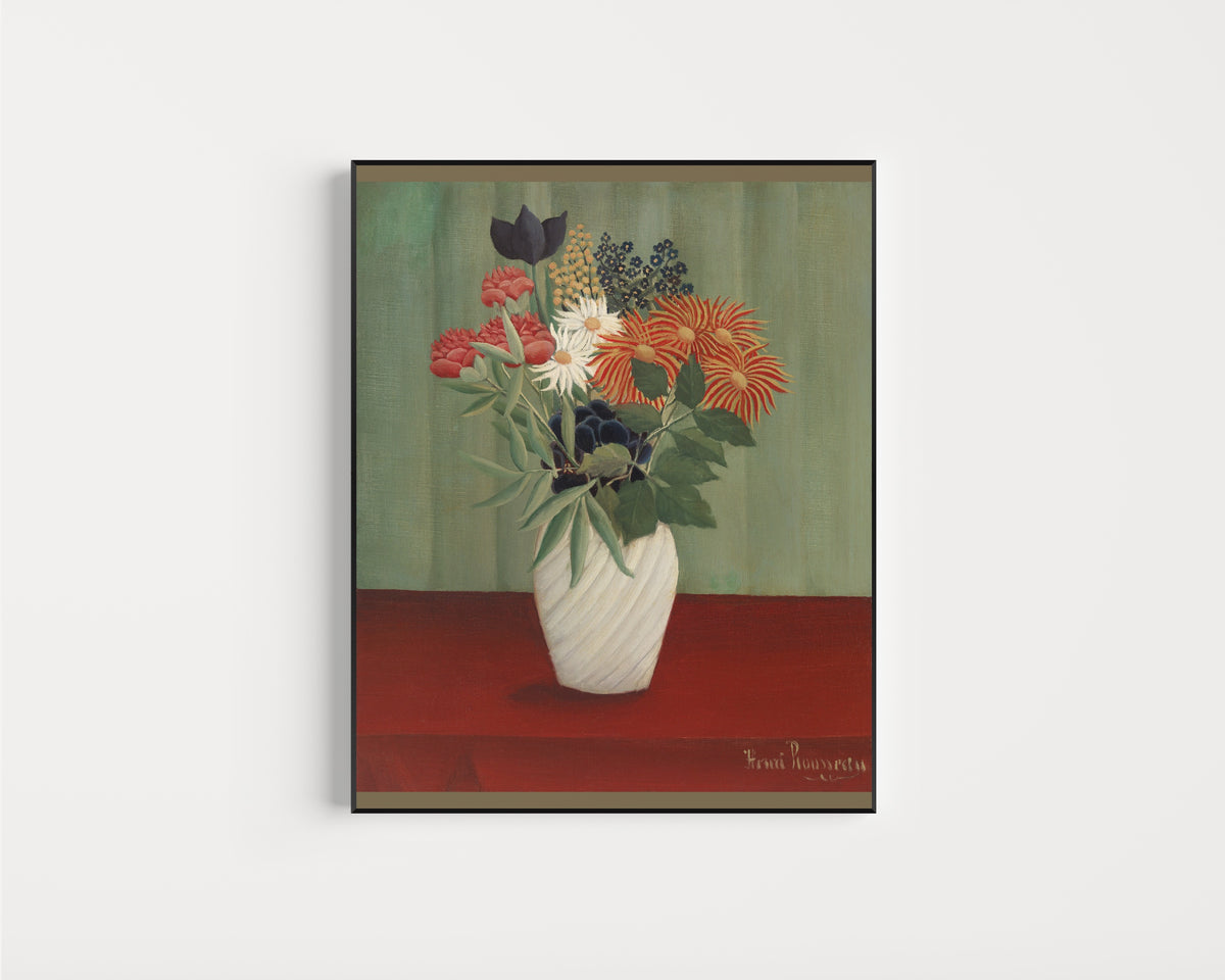 Framed art print of Bouquet of Flowers with China Asters and Tokyos by Henri Rousseau, in a slim black frame on a plain white wall
