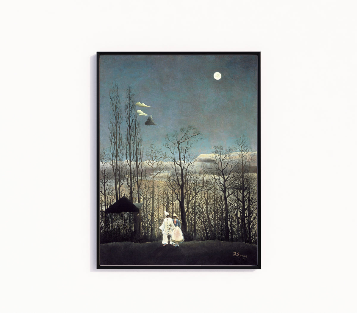 Framed art print of Carnival Evening by Henri Rousseau, in a slim black frame on a plain white wall