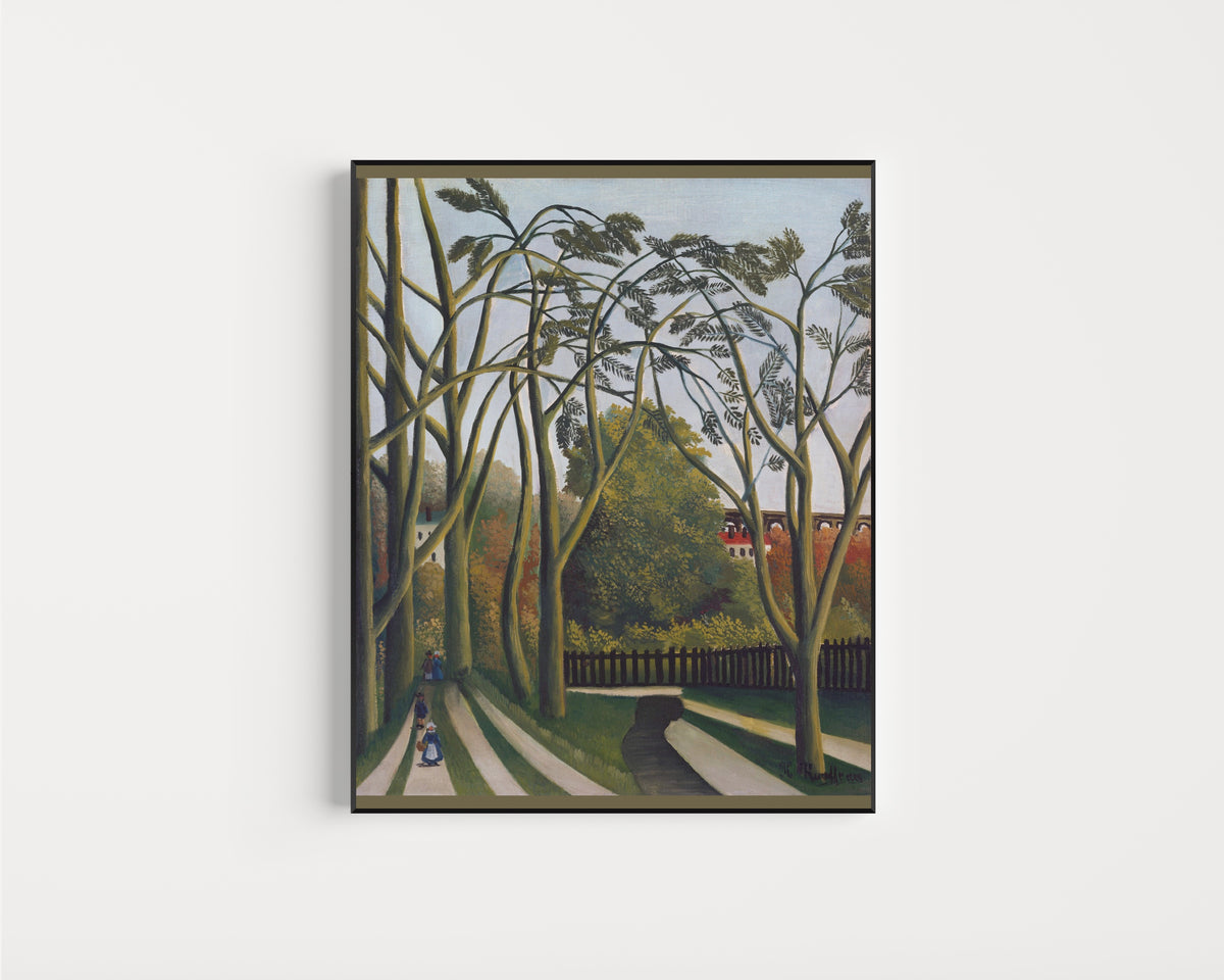Framed art print of The Banks of the Bièvre near Bicêtre by Henri Rousseau, in a slim black frame on a plain white wall
