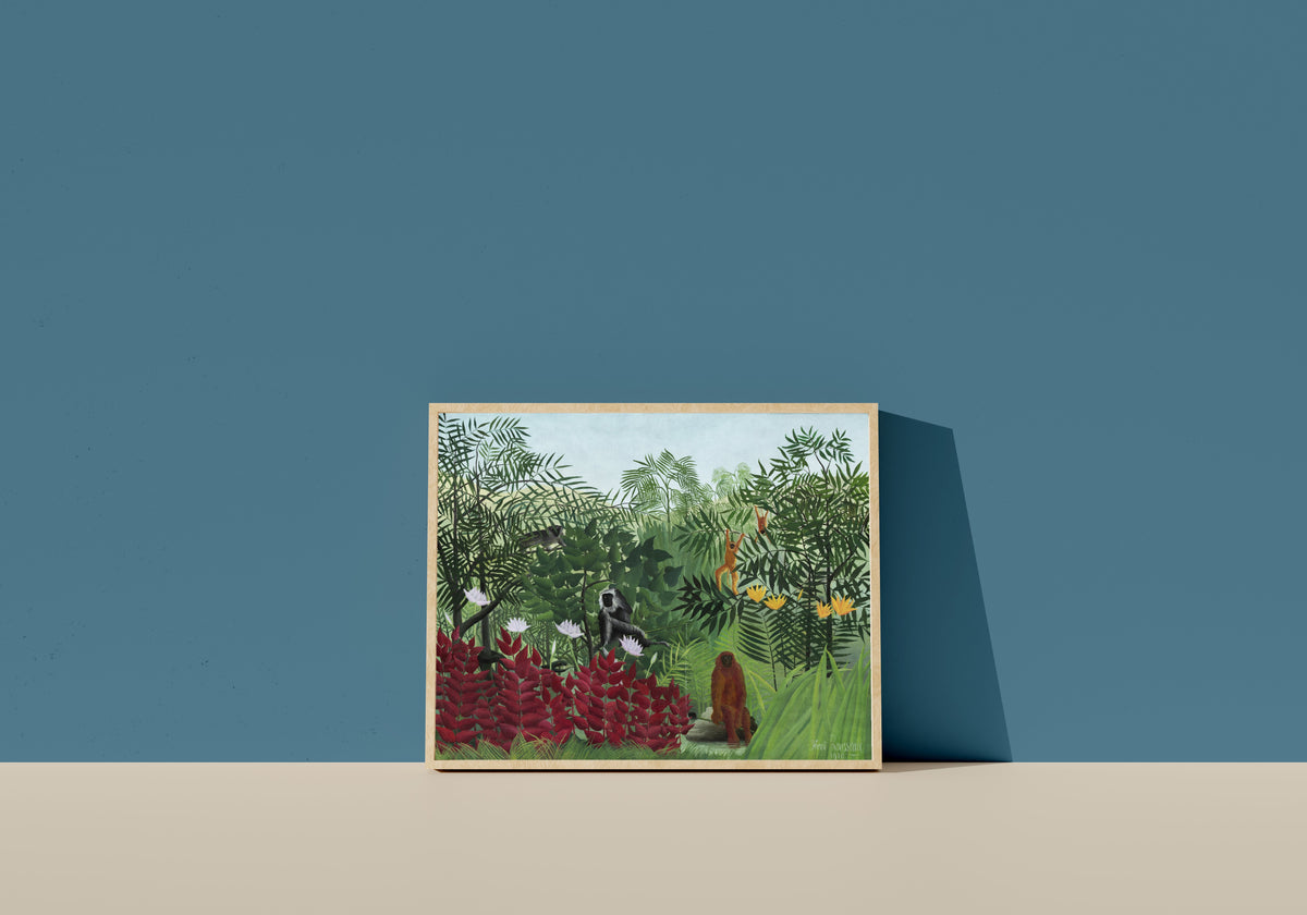 Framed art print of Tropical Forest with Monkeys by Henri Rousseau, in a light wood frame leaning on a blue wall