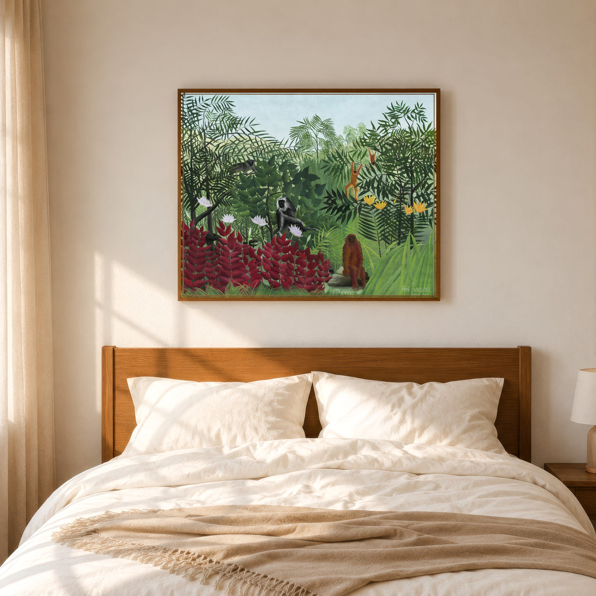Framed art print of Tropical Forest with Monkeys by Henri Rousseau, in a slim wood frame above a bed in a sunlit bedroom