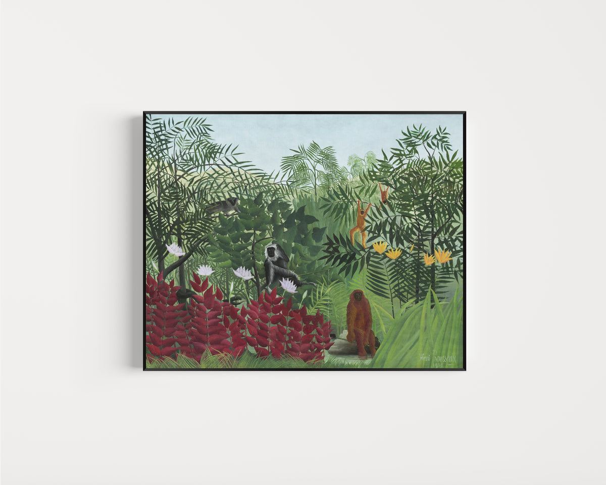 Framed art print of Tropical Forest with Monkeys by Henri Rousseau, in a slim black frame on a plain white wall