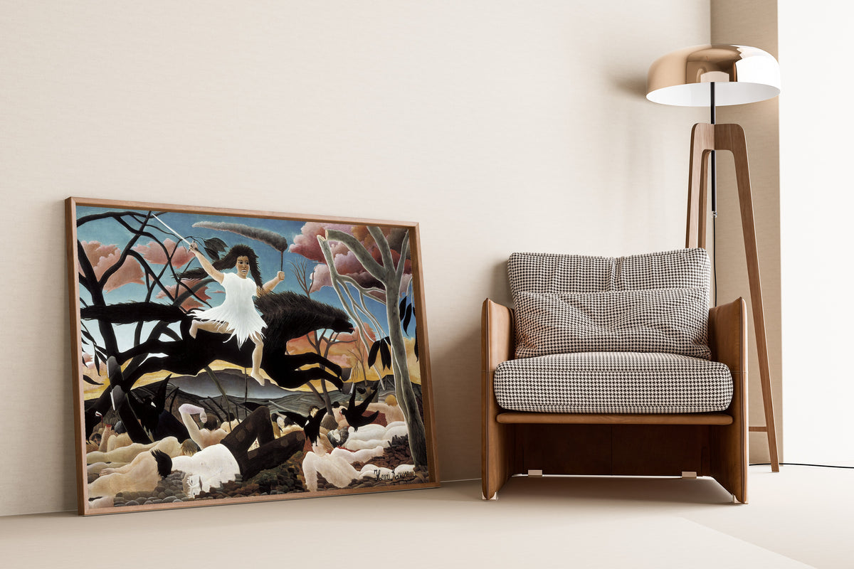 War (La Guerre) by Henri Rousseau — framed and leaning against a wall beside an armchair and a floor lamp