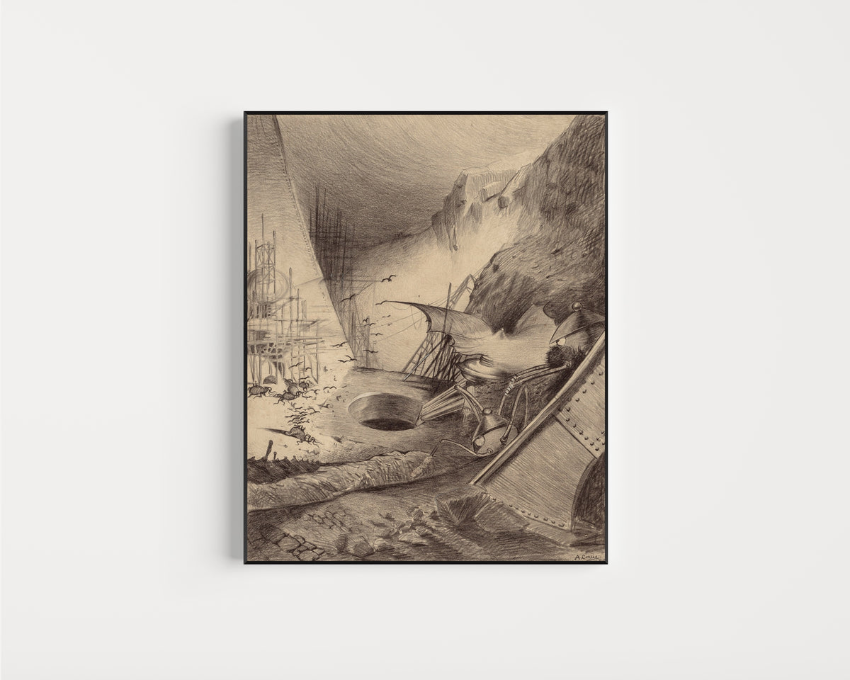 Framed art print of Dead Martians by Henrique Alvim Corrêa, in a slim black frame on a plain white wall