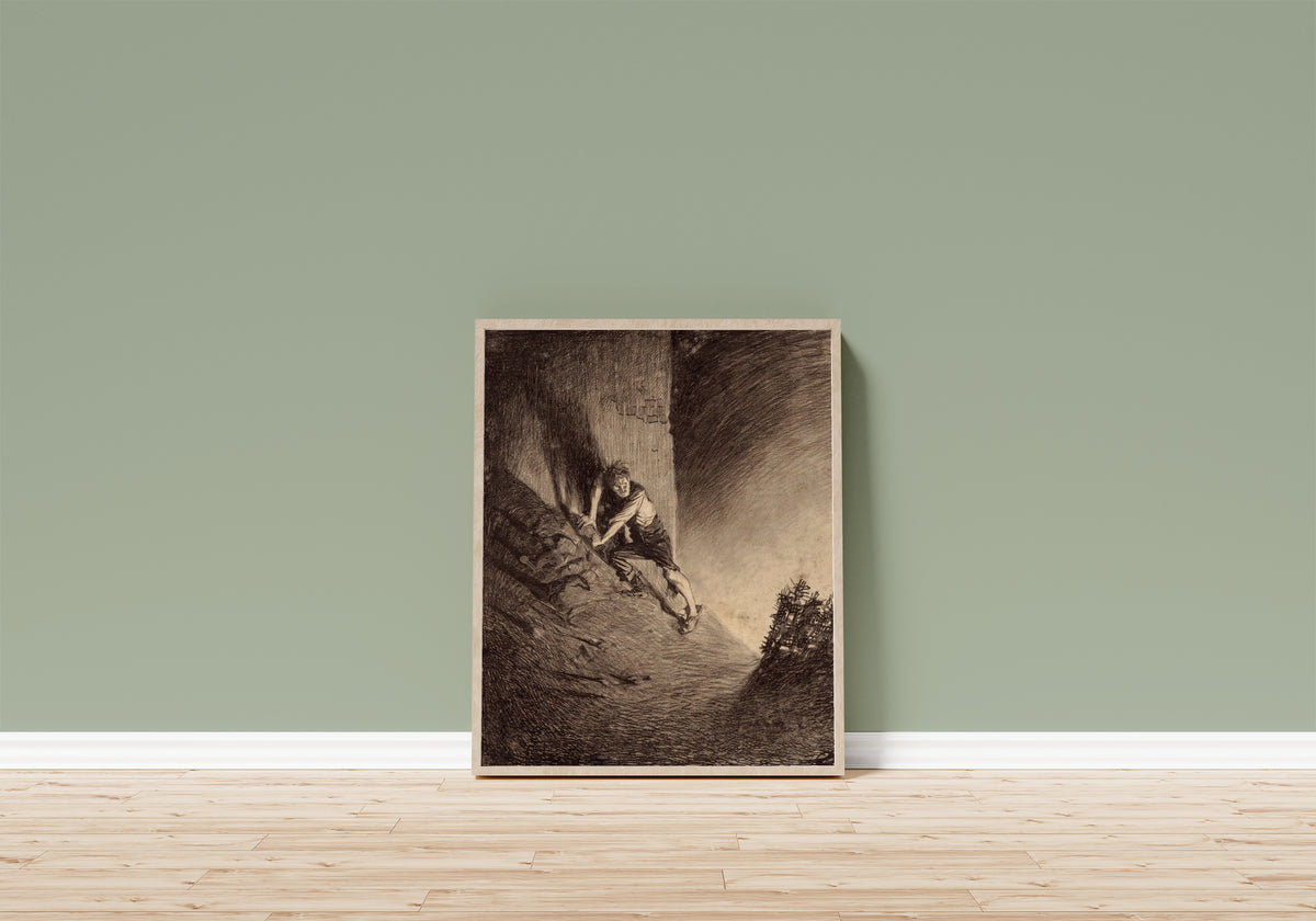Framed art print of Frightened Human by Henrique Alvim Corrêa, in a light wood frame leaning on a sage green wall above a wooden floor