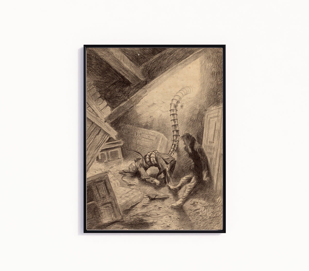 Framed art print of Handler Grabbing a Human by Henrique Alvim Corrêa, in a slim black frame on a plain white wall