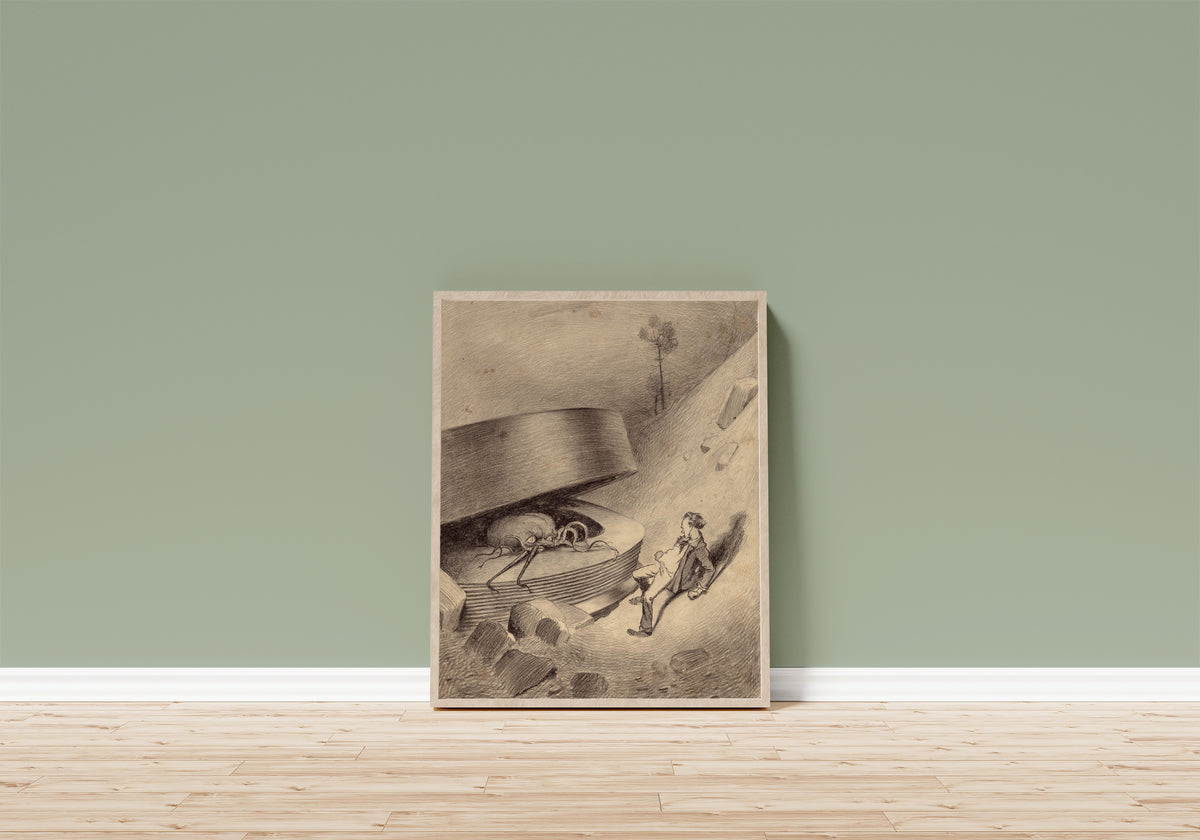 Framed art print of Martian Emerges by Henrique Alvim Corrêa, in a light wood frame leaning on a sage green wall above a wooden floor