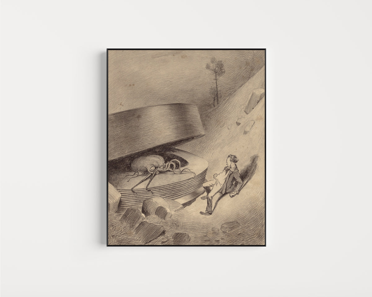Framed art print of Martian Emerges by Henrique Alvim Corrêa, in a slim black frame on a plain white wall