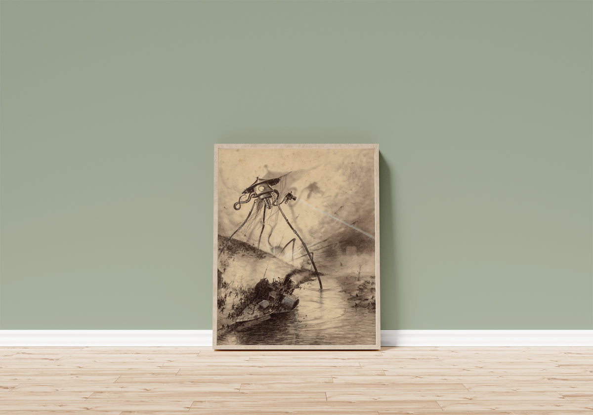 Framed art print of Martian Fighting Machine in the Thames… by Henrique Alvim Corrêa, in a light wood frame leaning on a sage green wall above a wooden floor