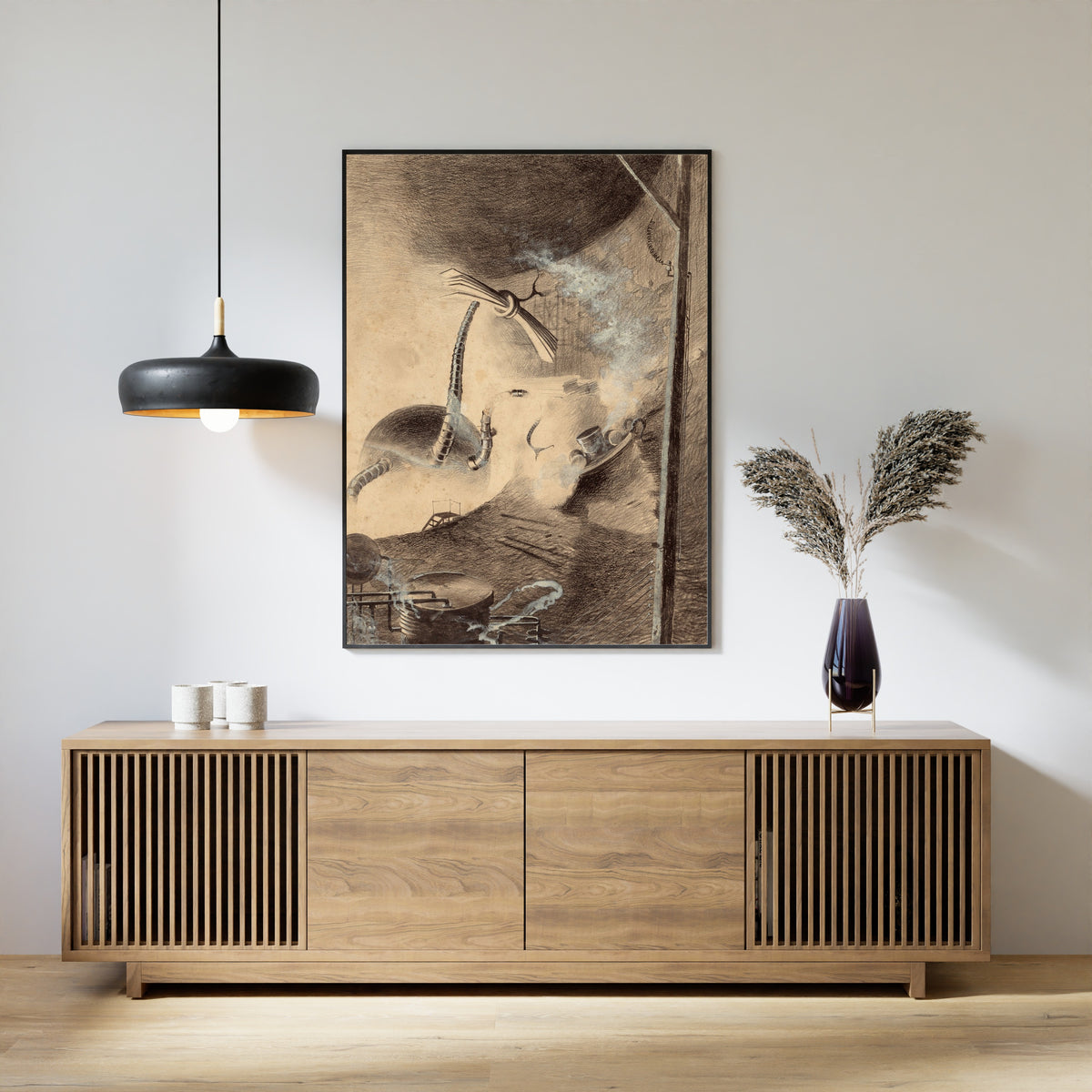 Framed art print of Martian Handler by Henrique Alvim Corrêa, above a slatted wood sideboard