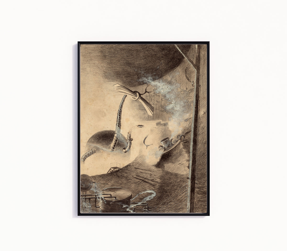 Framed art print of Martian Handler by Henrique Alvim Corrêa, in a slim black frame on a plain white wall