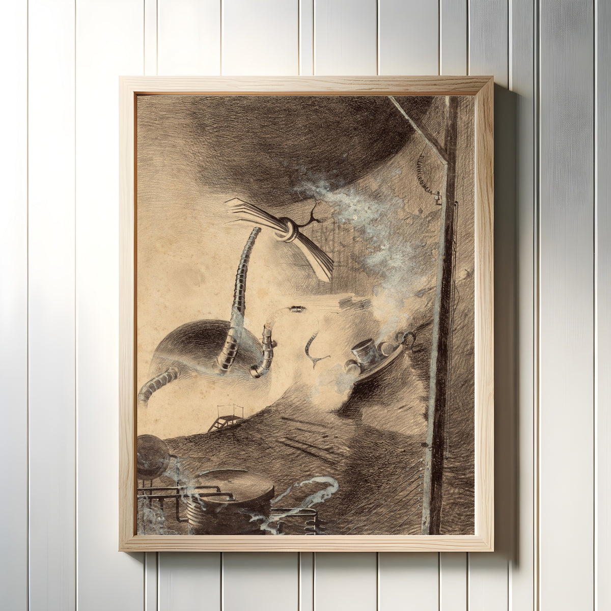 Framed art print of Martian Handler by Henrique Alvim Corrêa, in a light wood frame on a white panelled wall