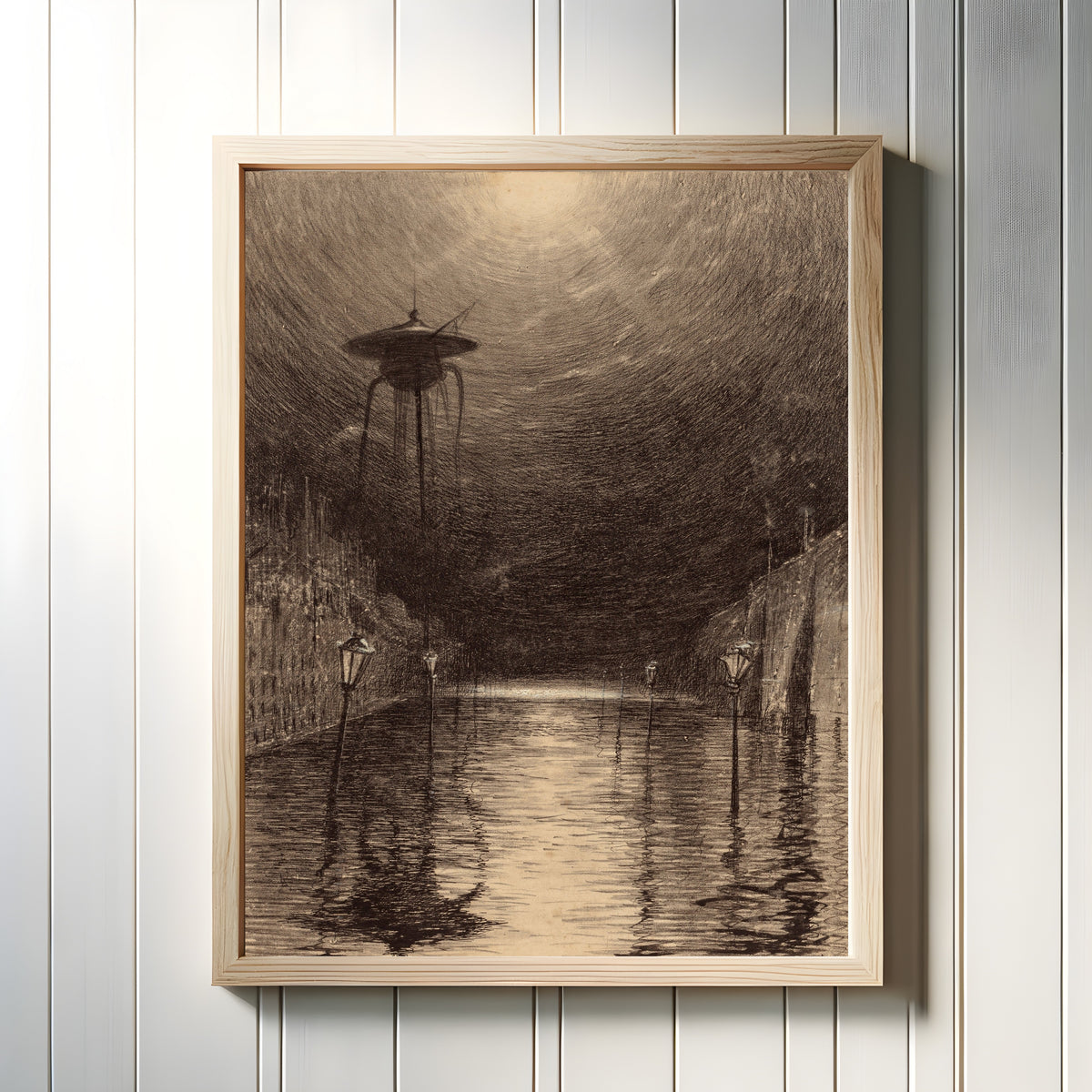 Framed art print of Martian Machine Over the Thames by Henrique Alvim Corrêa, in a light wood frame on a white panelled wall