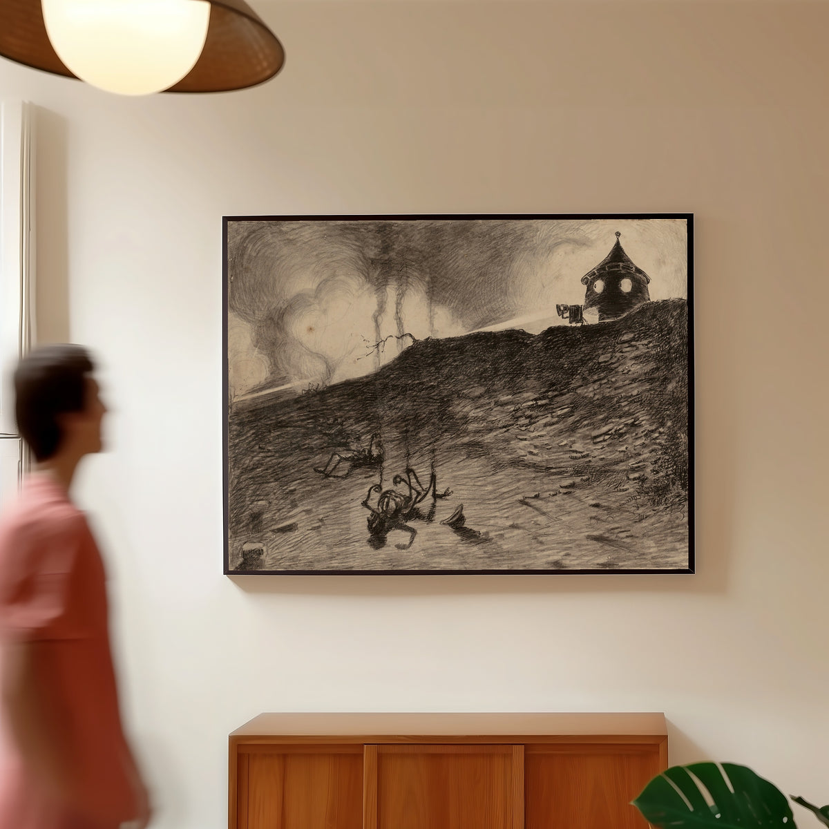 Framed art print of Martian Viewing the Carnage by Henrique Alvim Corrêa, in a slim black frame on a warm wall in a sunlit room