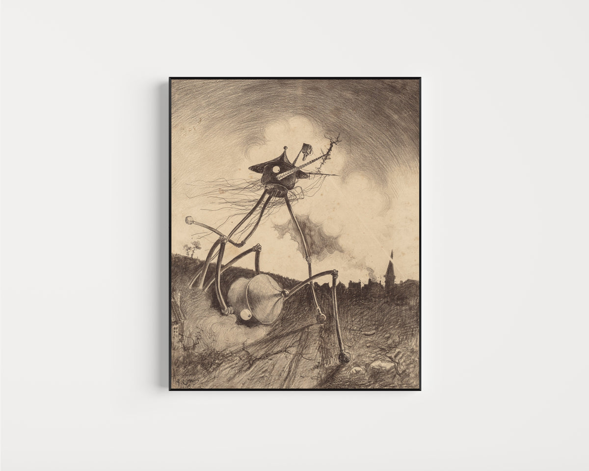 Framed art print of Martians on the Move by Henrique Alvim Corrêa, in a slim black frame on a plain white wall